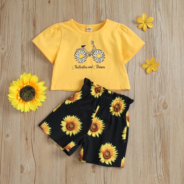 

Toddler Girls Letter Graphic Tee & Sunflower Paperbag Shorts, Multicolor