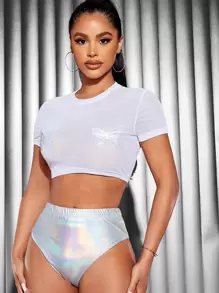 SHEIN SXY Butterfly Print Mesh Top & Metallic Shorts Set - Multicolor - View 1