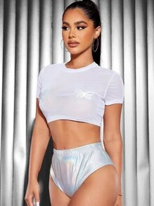 SHEIN SXY Butterfly Print Mesh Top & Metallic Shorts Set - Multicolor - View 3