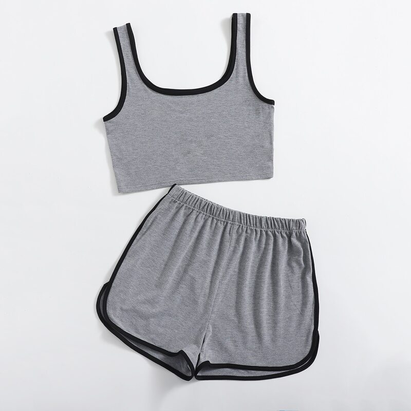 

Contrast Binding Tank Top & Shorts, Grey