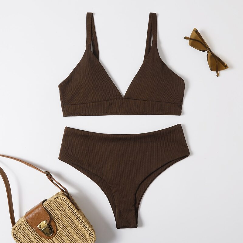 

Solid High Waist Bikini Swimsuit, Coffee brown
