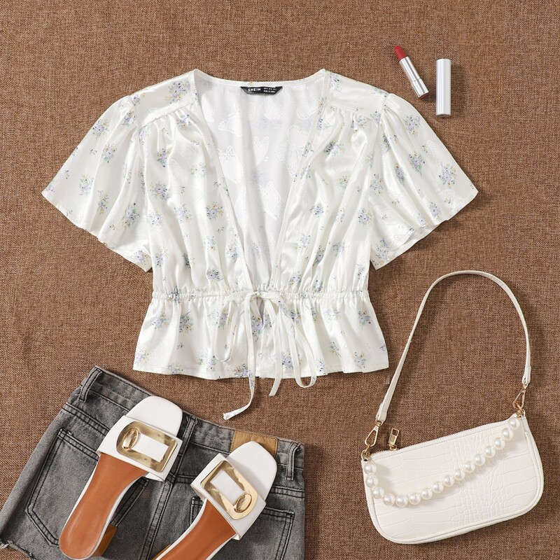 

Plunging Neck Tie Front Floral and Butterfly Print Top, Mint green