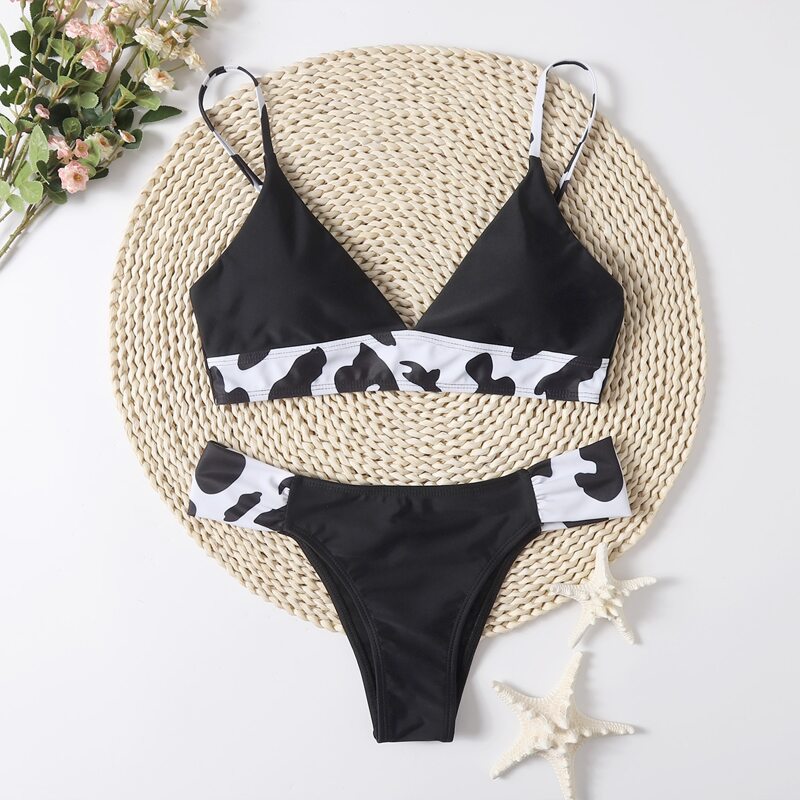 

Cow Print Colorblock Bikini Swimsuit, Black and white
