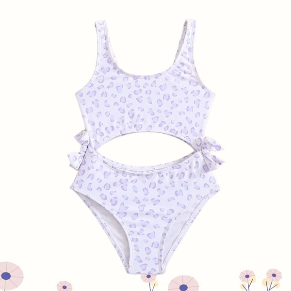

Toddler Girls Leopard Bow Decor Cut-out One Piece Swimsuit, Mauve purple