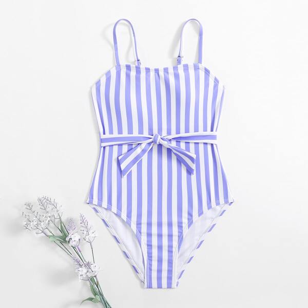 

Girls Striped Knot One Piece Swimsuit, Blue and white