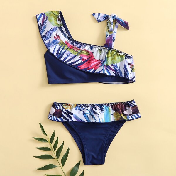 

Girls Tropical Print Ruffle Bikini Swimsuit, Multicolor