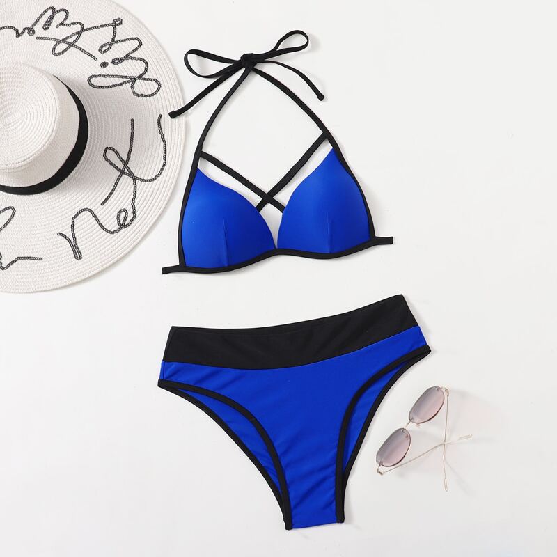 

Contrast Binding Criss Cross Bikini Swimsuit, Blue