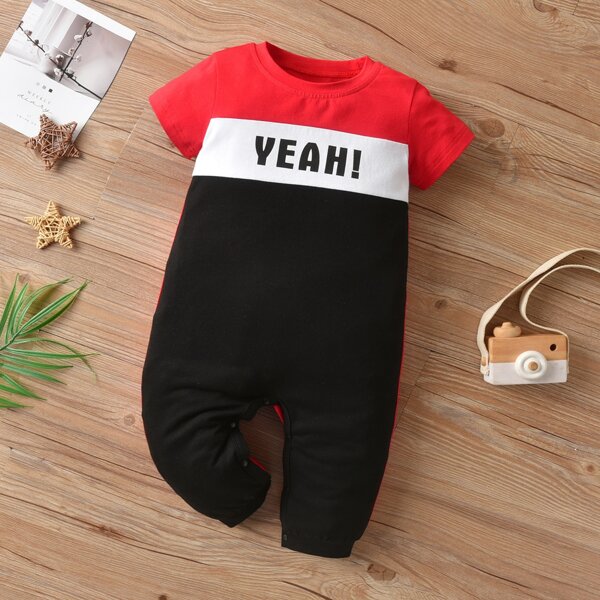 

Baby Boy Letter Graphic Color Block Jumpsuit, Black