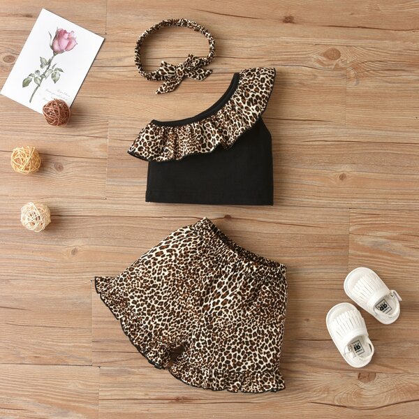 

Baby Girl Leopard Print Panel One Shoulder Crop Top & Shorts & Headband, Multicolor