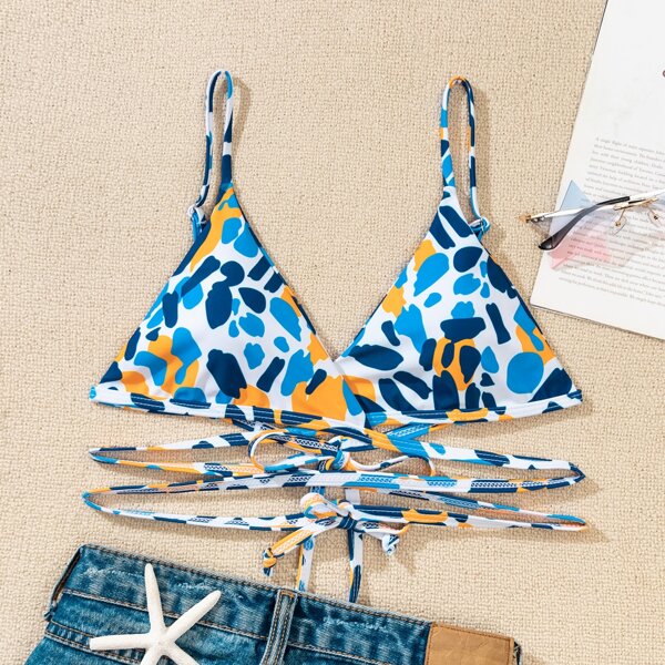 

Allover Print Wrap Bikini Top, Multicolor