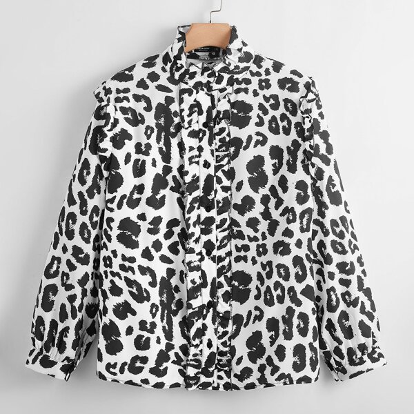 

Plus Allover Print Ruffle Trim Blouse, Black and white