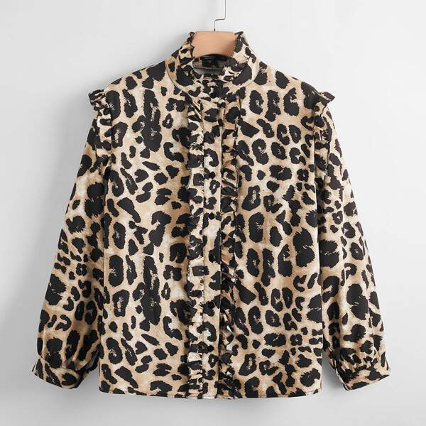 

Plus Allover Print Ruffle Trim Blouse, Multicolor