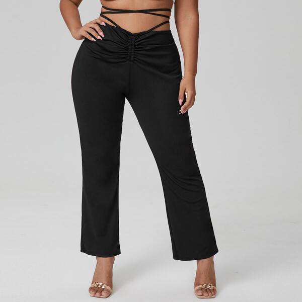

Plus Drawstring Lace Up Straight Leg Pants, Black