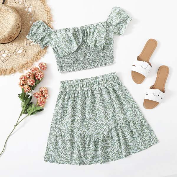 

Ditsy Floral Shirred Top & Skirt, Mint green