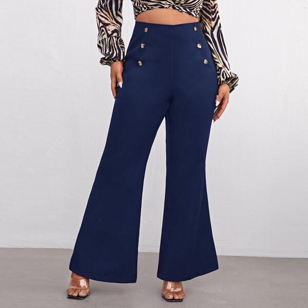 

Plus Double Button Flare Leg Pants, Navy blue