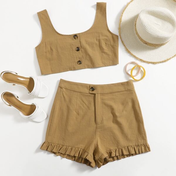 

Button Front Crop Tank Top With Ruffle Hem Shorts, Camel