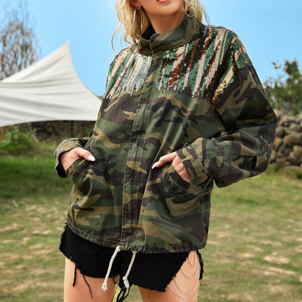 

Camo Print Contrast Sequin Drawstring Hem Denim Jacket, Multicolor