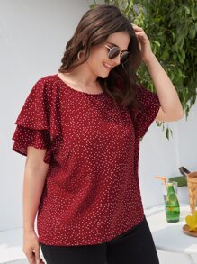 SHEIN Clasi Plus Polka Dot Butterfly Sleeve Blouse - Burgundy - View 3