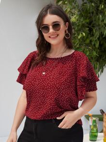 SHEIN Clasi Plus Polka Dot Butterfly Sleeve Blouse - Burgundy - View 5