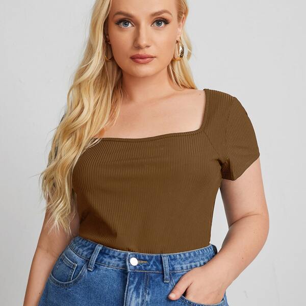 

Plus Square Neck Rib Knit Tee, Brown