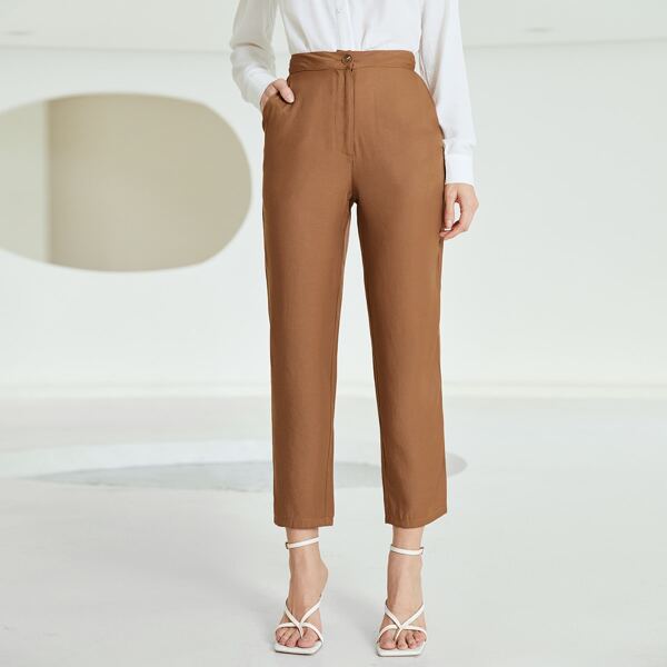 

Solid Button Fly Crop Pants, Brown