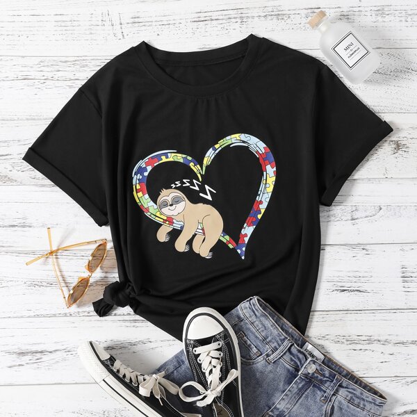 

Plus Cartoon And Heart Print Tee, Black