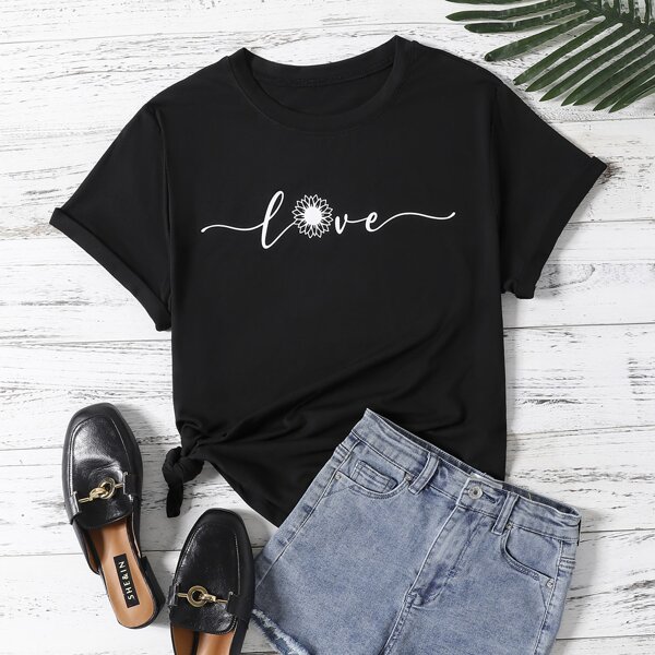 

Plus Letter And Floral Print Tee, Black
