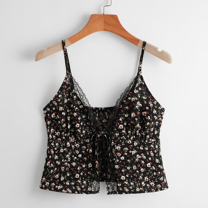 

Contrast Lace Ditsy Floral Tie Front Crop Top, Black