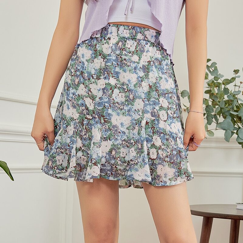 

Floral Print Ruffle Hem Skirt, Multicolor