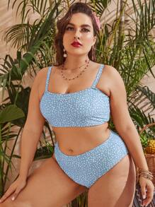 大码碎花比基尼套装夏日海滩 - 淺藍色 - 查看 3