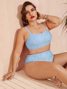 大码碎花比基尼套装夏日海滩 - 淺藍色 - 查看 4