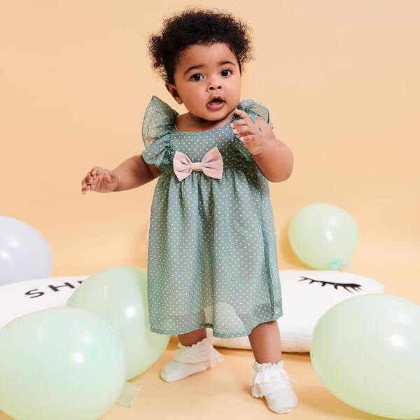 

Baby Girl Polka Dot Bow Smock Dress, Mint green