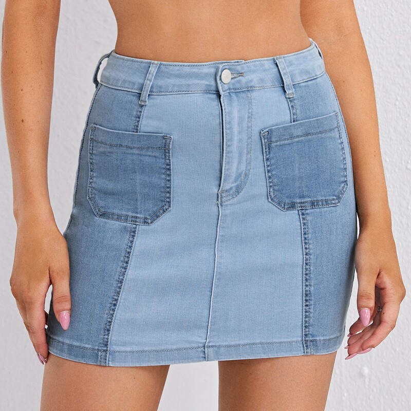 

Spliced High Rise Straight Denim Skirt, Medium wash