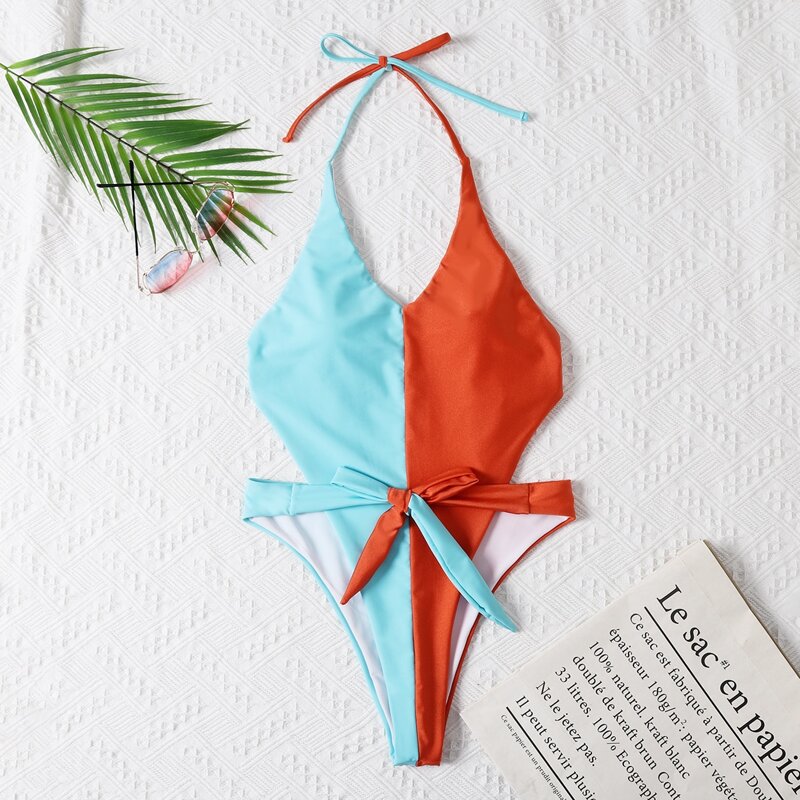 

Colorblock Cut Out Halter Knot One Piece Swimsuit, Multicolor