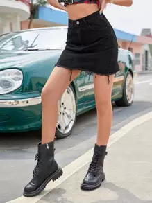 Zipper Fly Raw Hem Denim Skirt - Black - View 6