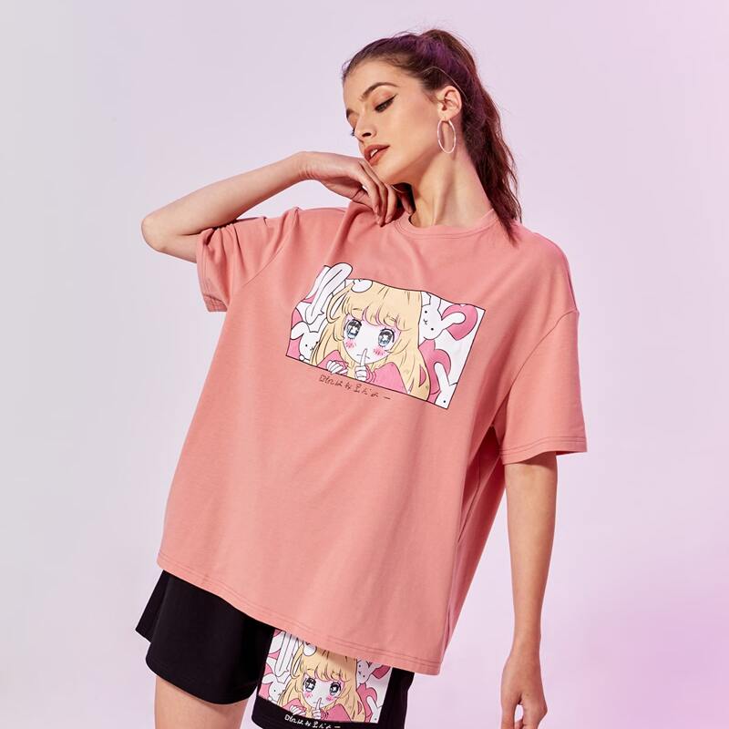 

Cartoon Graphic Oversized Tee, Dusty pink