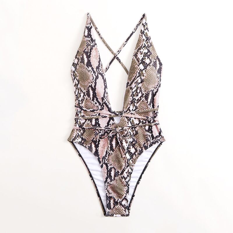 

Snakeskin Print One Piece Swimsuit, Multicolor