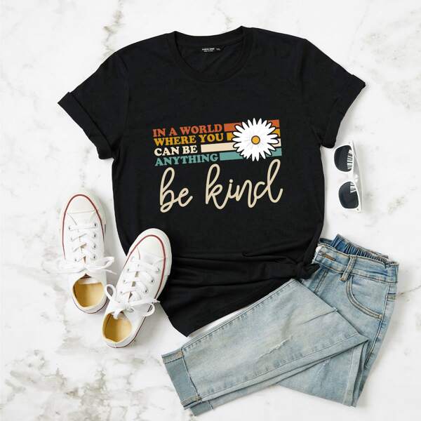 

Plus Daisy Floral & Slogan Graphic Tee, Black