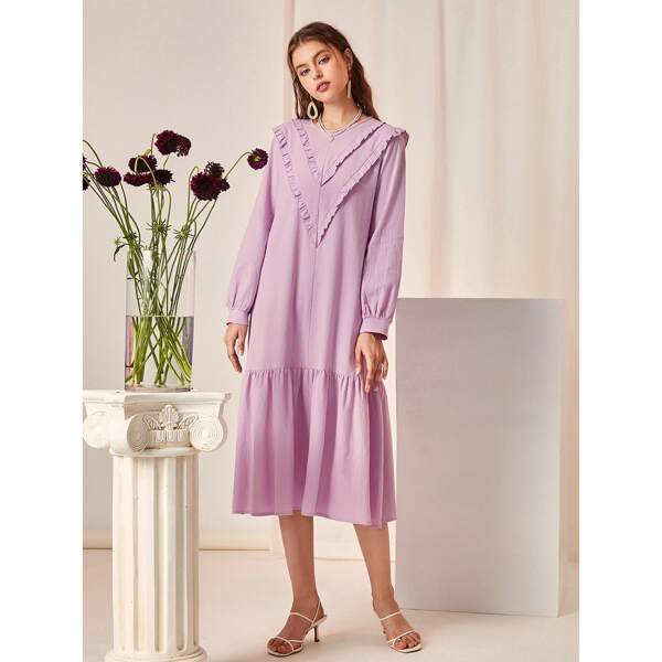 

Frill Trim Ruffle Hem Solid Dress, Lilac purple