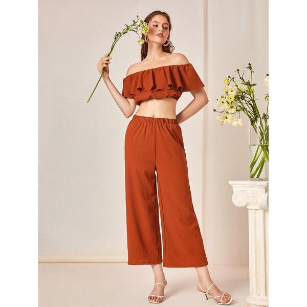 

Solid Ruffle Off The Shoulder Top And Pants, Burnt orange