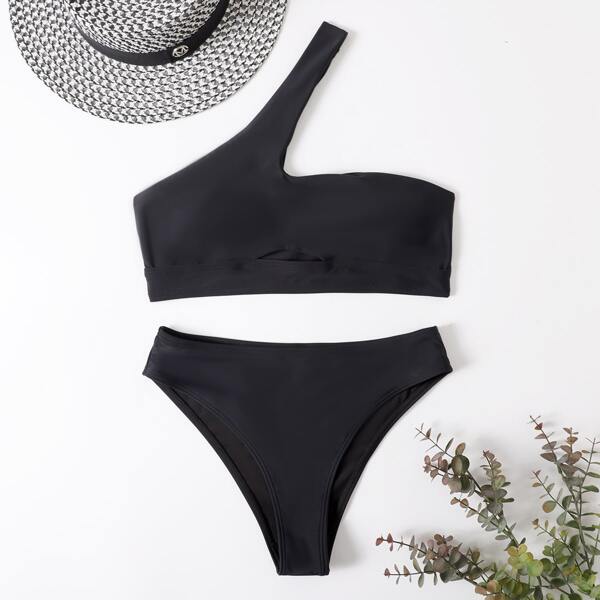 

Cut-out One Shoulder Bikini Swimsuit, Black