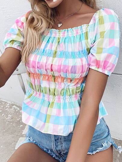 Gingham Shirred Peplum Top