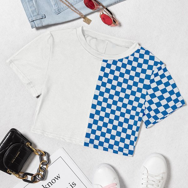 

Checker Spliced Crop Tee, Blue and white
