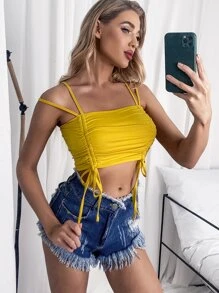 Solid Drawstring Ruched Cami Top - Yellow - View 5