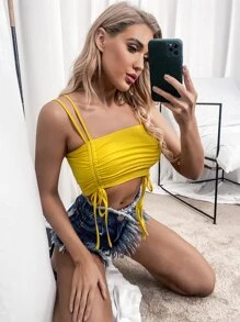 Solid Drawstring Ruched Cami Top - Yellow - View 6