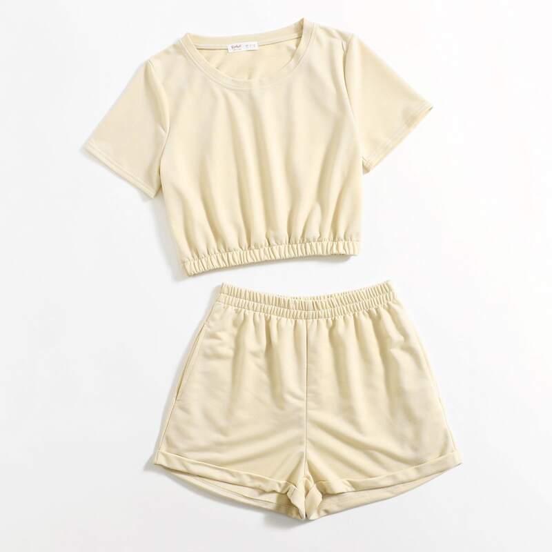

Solid Tee & Cuffed Shorts, Beige