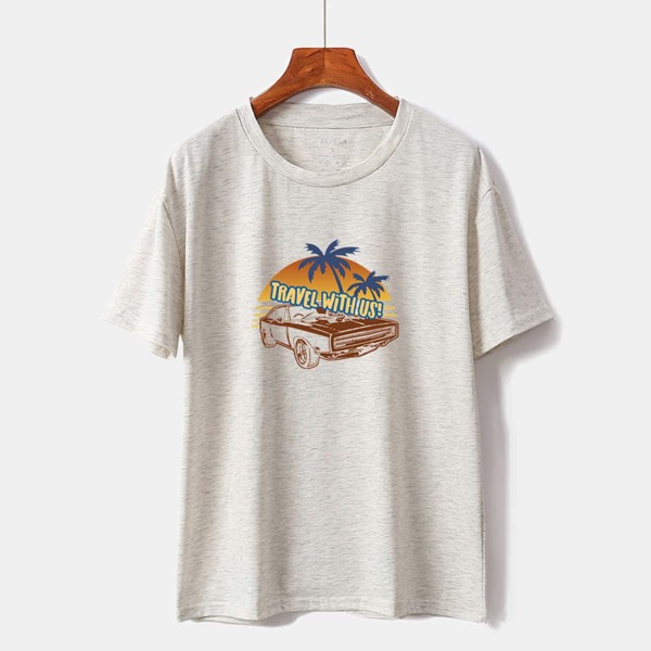 

Car & Slogan Print Round Neck Tee, Light grey