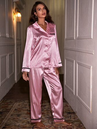 Striped Button Up Satin PJ Set / Pajama Set, Fall Winter Clothes Cozy And Elegant Details