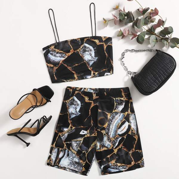 

Patchwork Print Crop Cami Top & Biker Shorts Set, Multicolor