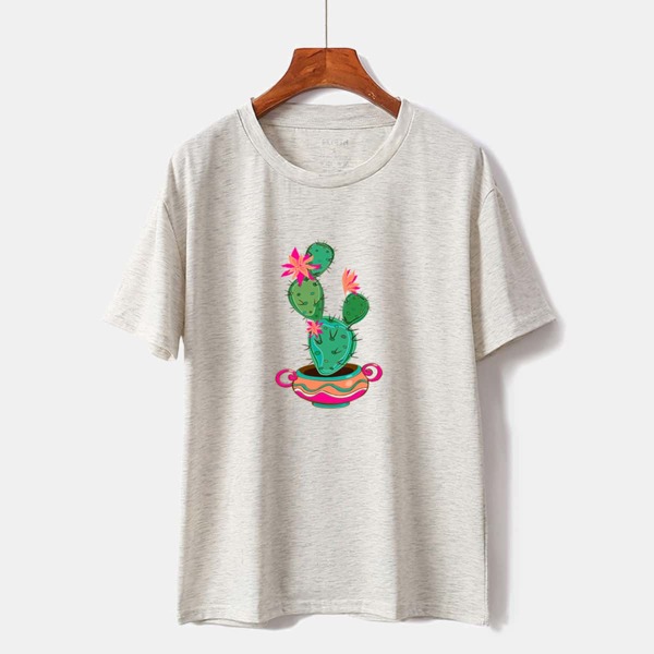 

Cactus & Floral Print Tee, Light grey